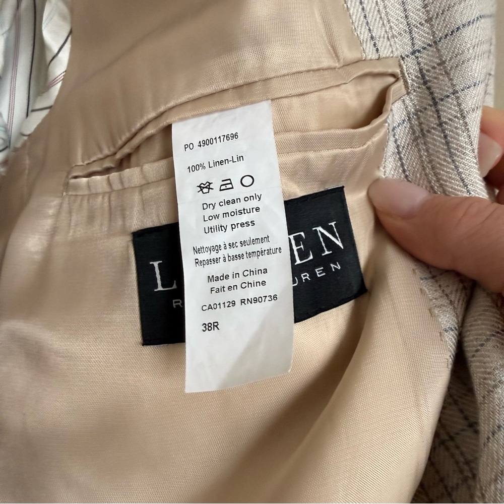 Lauren Ralph Lauren Linen Sport Coats Mens 38R UltraFlex Tan Blue Plaid - Picture 9 of 13